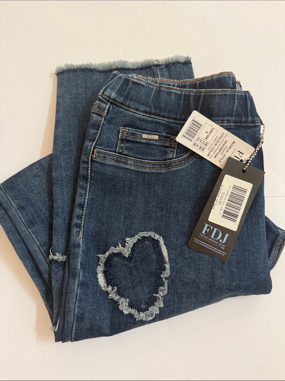 FDJ NWT Boutique cute Women’s Blue Straight-Leg Jeans with Heart Patches.